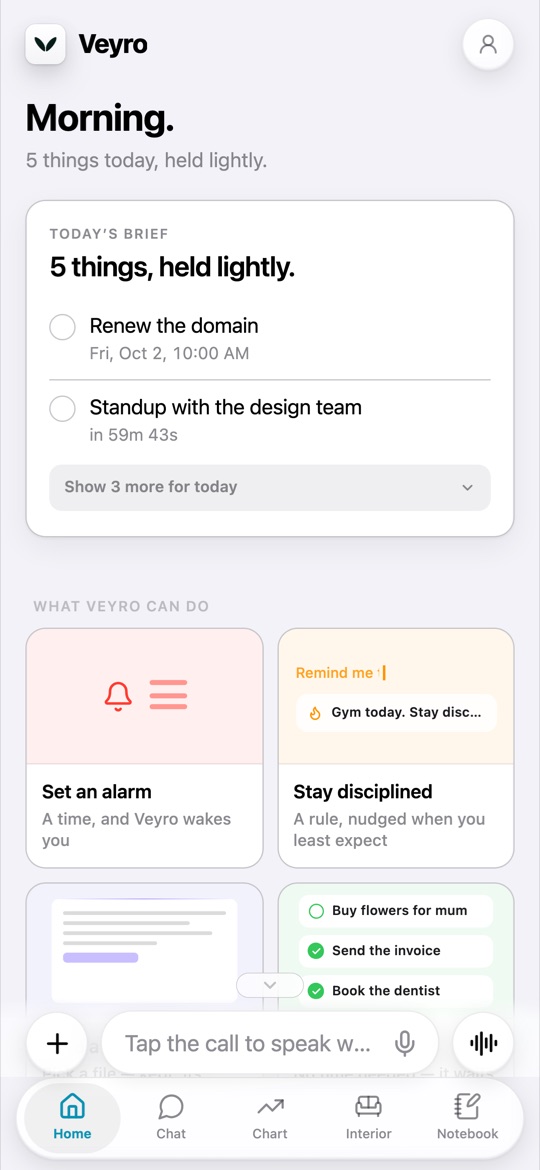 Veyro's Home screen: today's brief and what Veyro can do